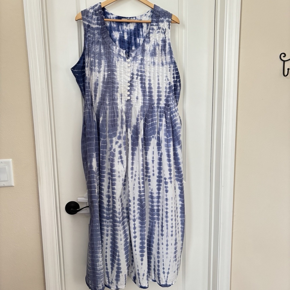 Woman Within 20W Blue Tie Dye Wide Strap Sleeveless Maxi Cotton Pockets Coastal